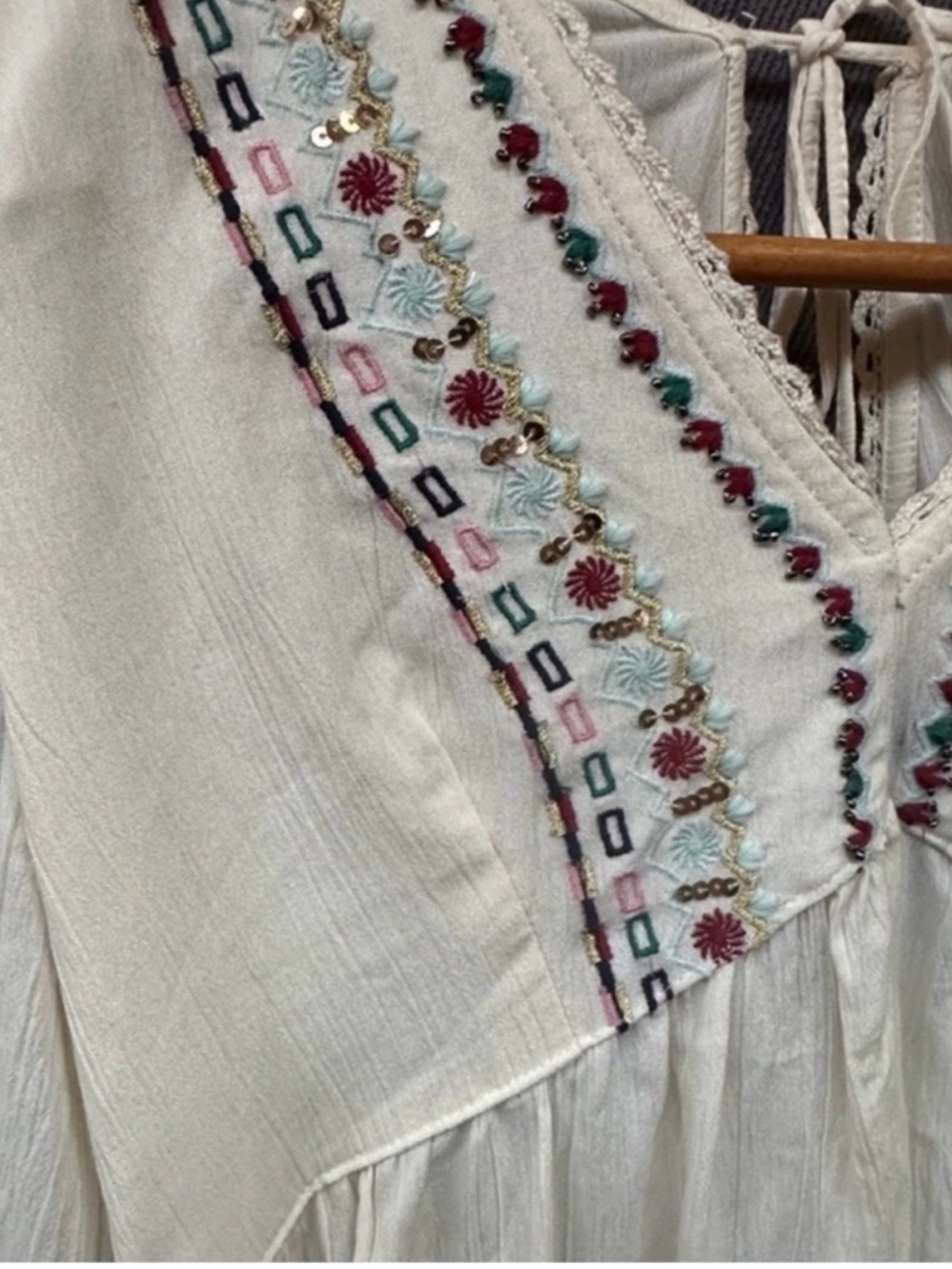 Boho Embroidered V-Neck Peasant Blouse - Cream - Picture 3 of 4